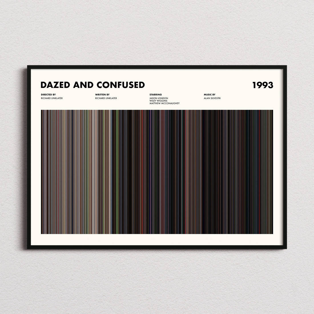 Dazed And Confused Movie Barcode Poster framed and photographed straight on