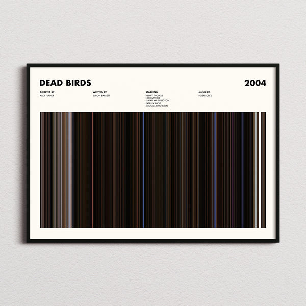 Dead Birds Movie Barcode Poster framed and photographed straight on
