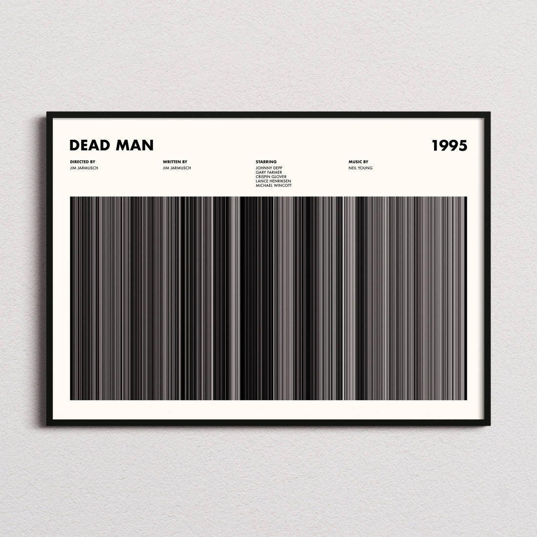 Dead Man Movie Barcode Poster framed and photographed straight on