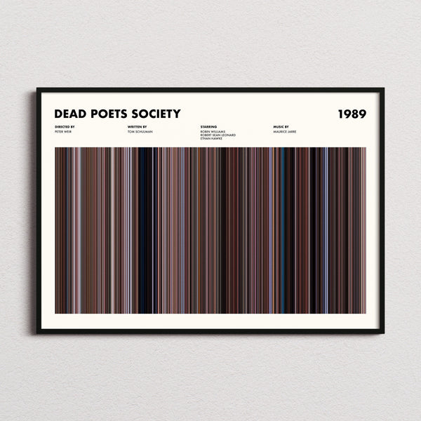 Dead Poets Society Movie Barcode Poster framed and photographed straight on