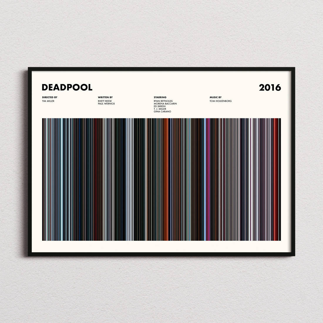 Deadpool Movie Barcode Poster framed and photographed straight on