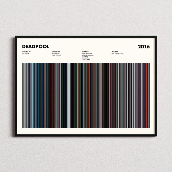 Deadpool Movie Barcode Poster framed and photographed straight on