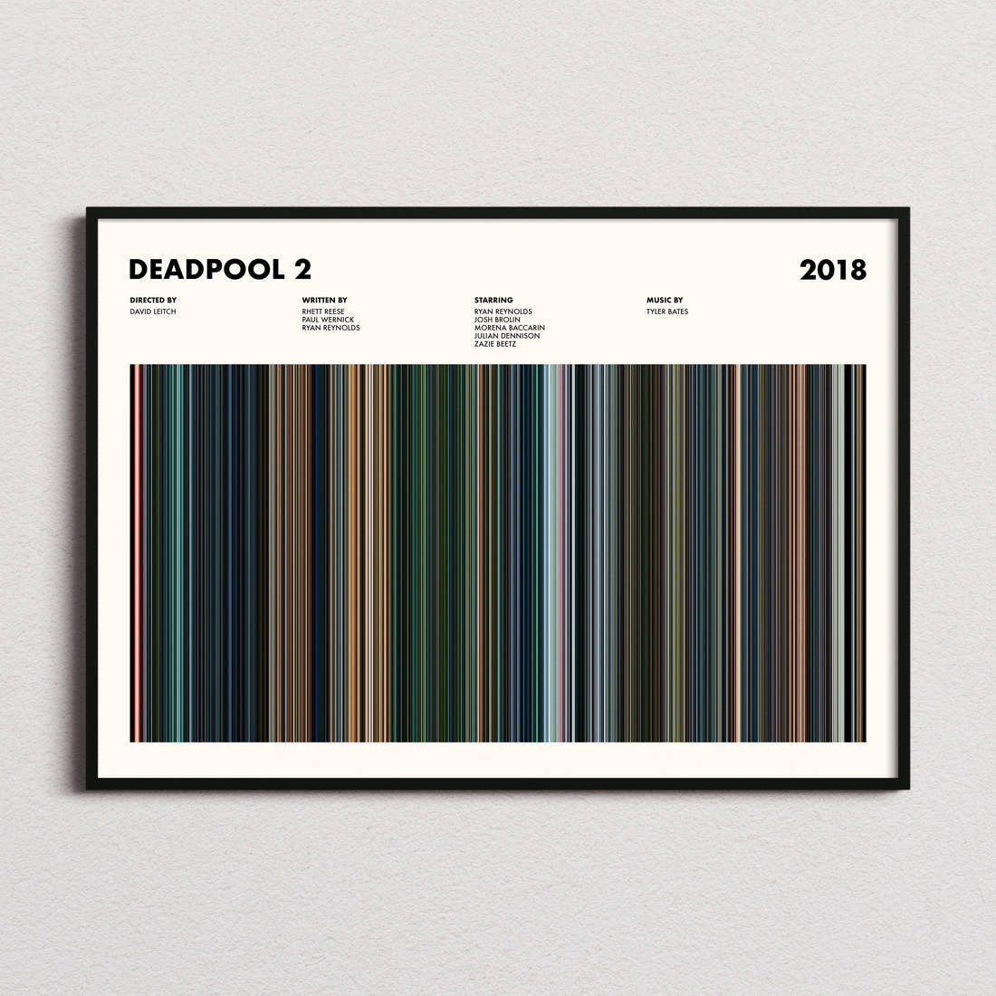 Deadpool 2 Movie Barcode Poster framed and photographed straight on