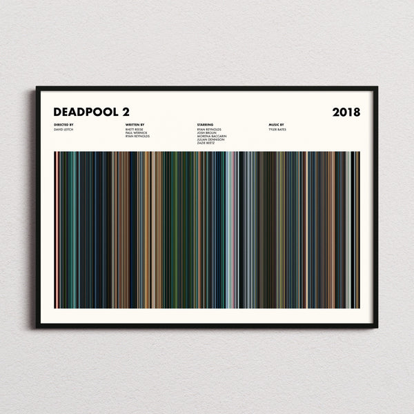 Deadpool 2 Movie Barcode Poster framed and photographed straight on