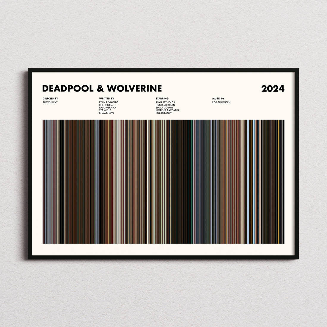 Deadpool & Wolverine Movie Barcode Poster framed and photographed straight on
