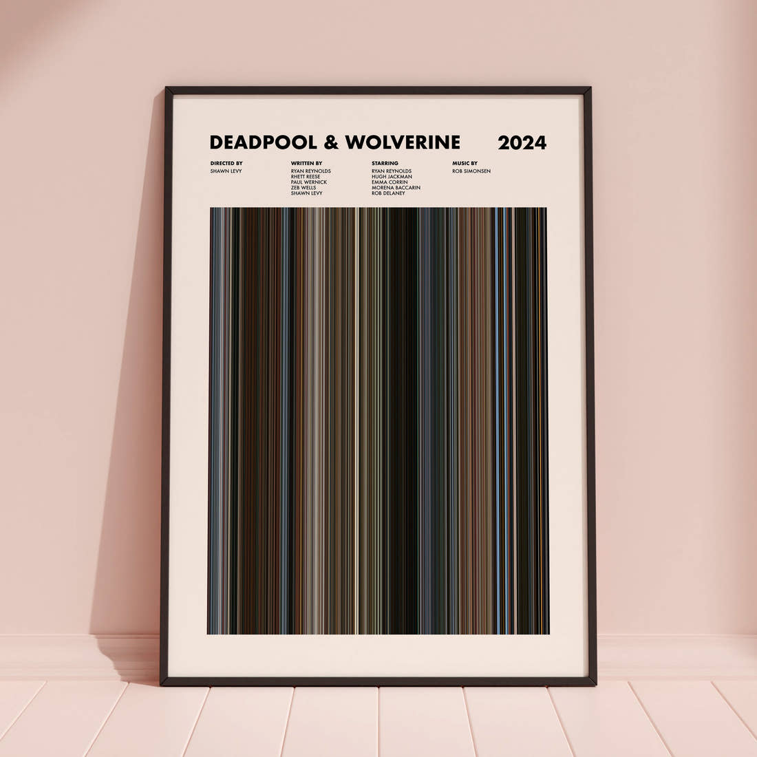 Deadpool & Wolverine Movie Barcode Poster framed and leaning against a coloured wall