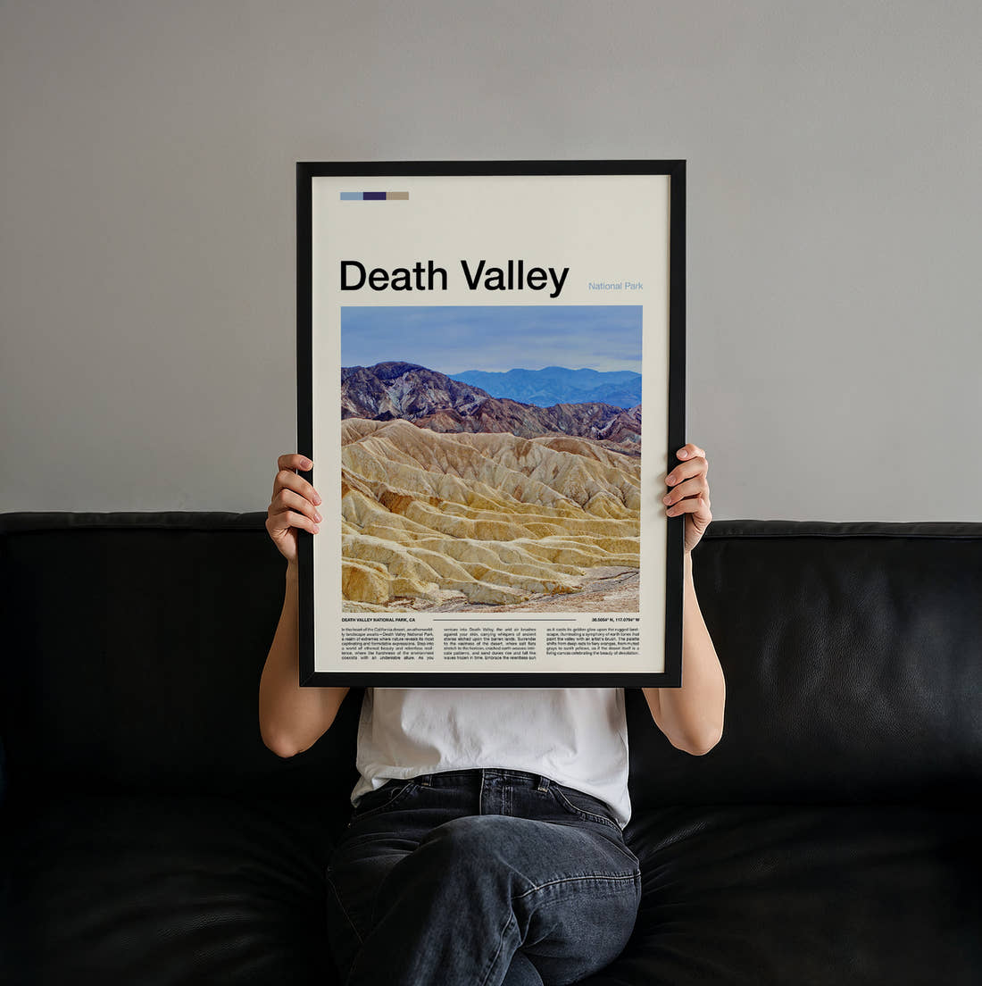 Death Valley Zabriskie Point Travel Print held up by hand to show the size of the print