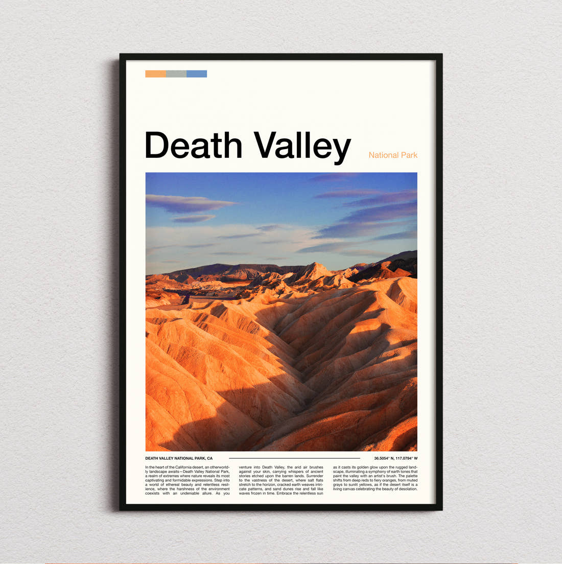 Death Valley Orange Desert Ridges Travel Print framed and photographed straight on