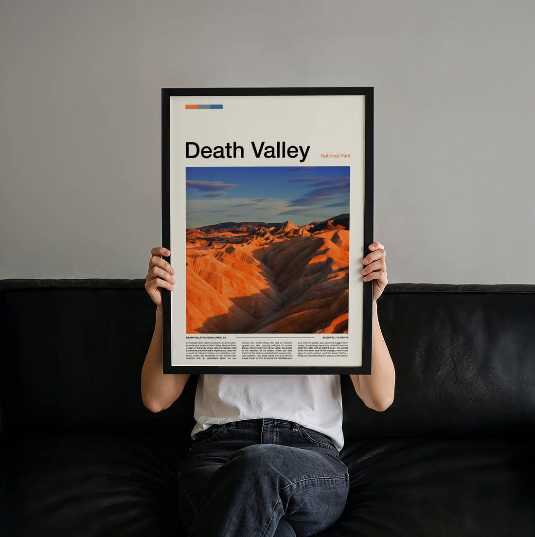 Death Valley Orange Desert Ridges Travel Print held up by hand to show the size of the print