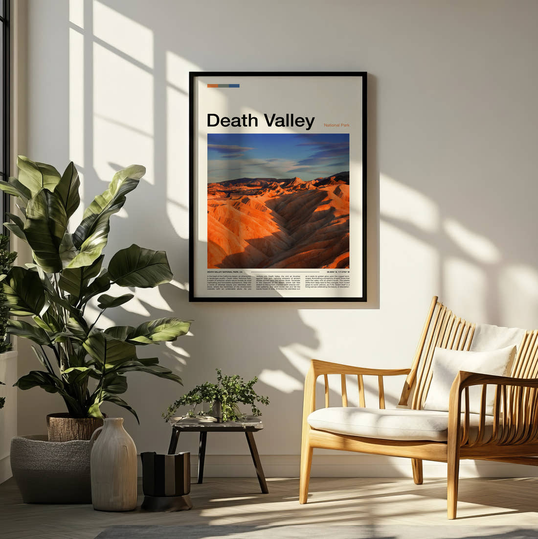 Death Valley Orange Desert Ridges Travel Print framed on a pale wall beside houseplants