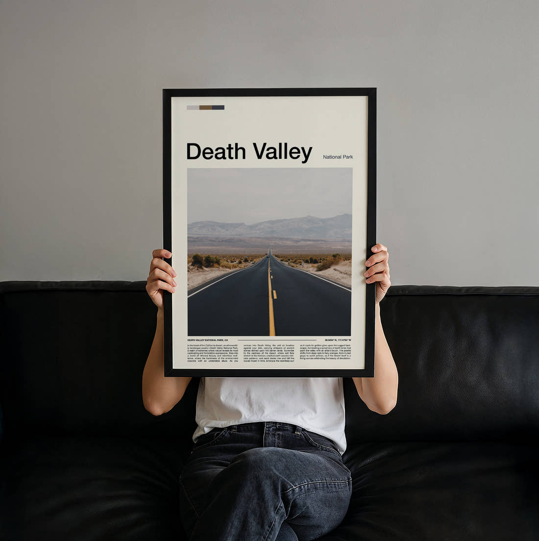 Death Valley Desert Road Travel Print held up by hand to show the size of the print