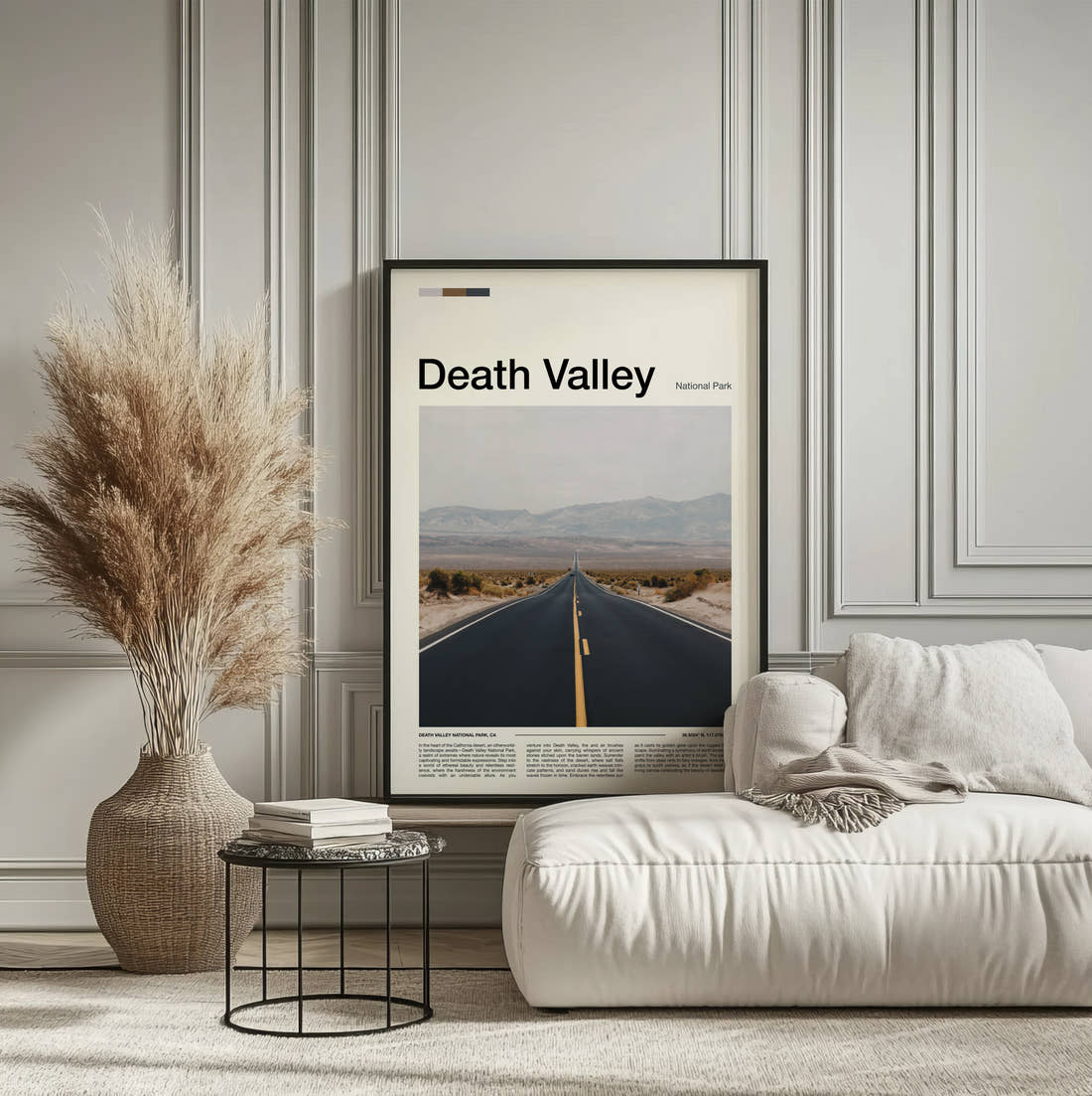 Death Valley Desert Road Travel Print framed on the wall of a calm, neutral bedroom