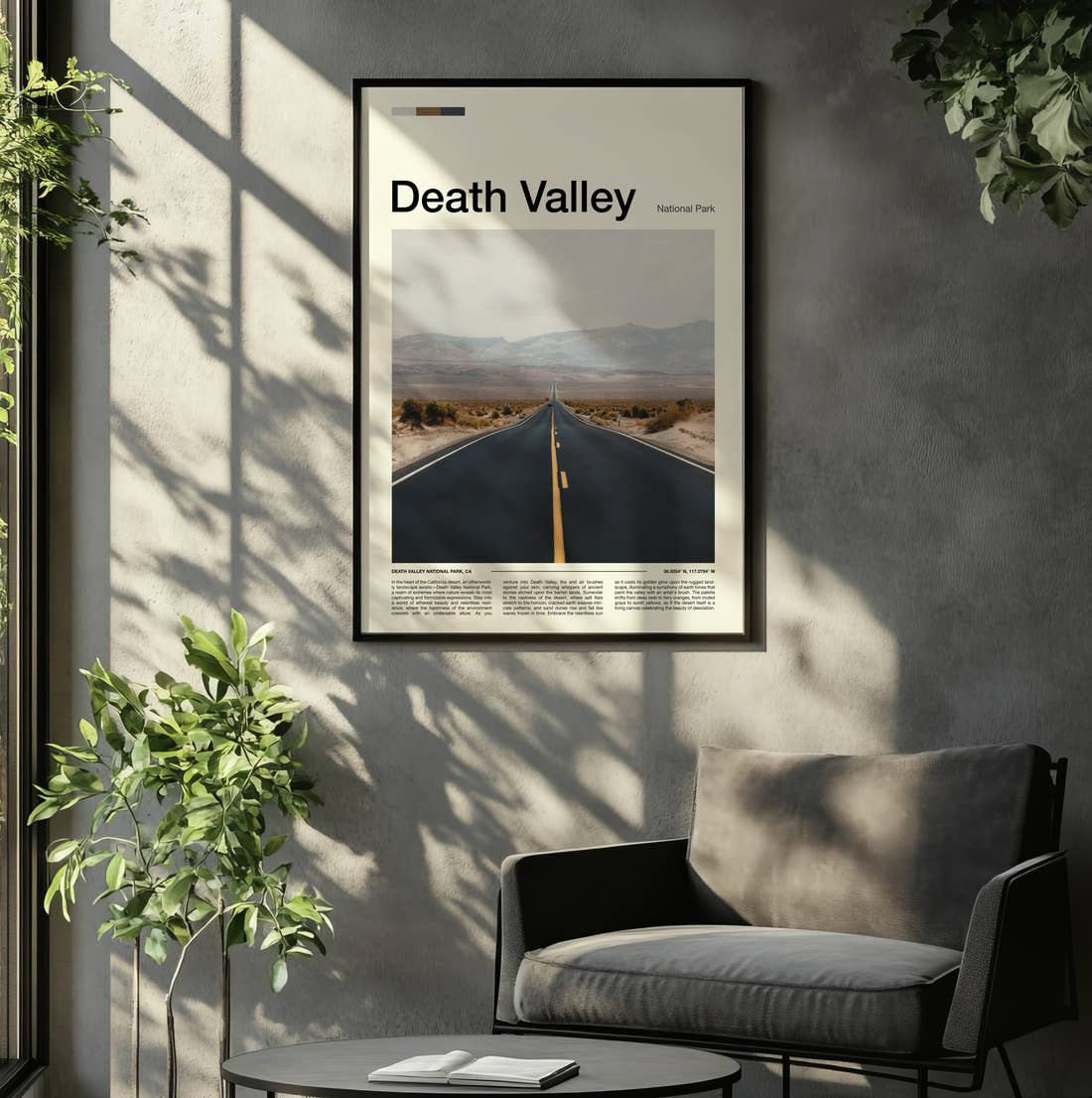 Death Valley Desert Road Travel Print framed on the wall of a relaxed living room