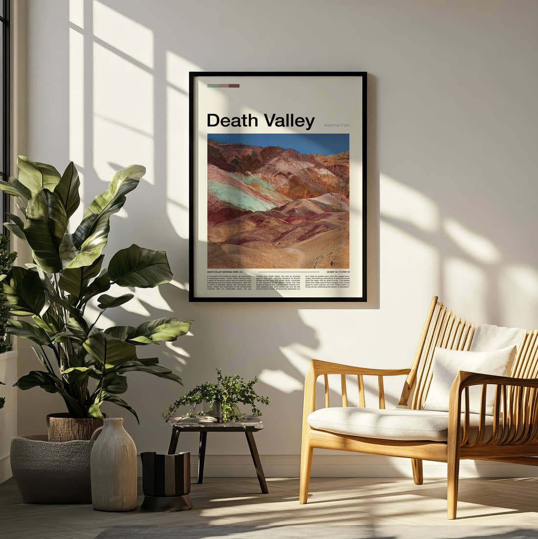 Death Valley Colourful Mineral Hills Travel Print framed on a pale wall beside houseplants