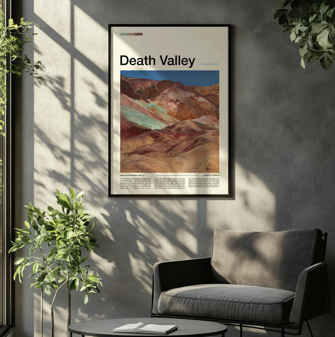 Death Valley Colourful Mineral Hills Travel Print framed on the wall of a relaxed living room
