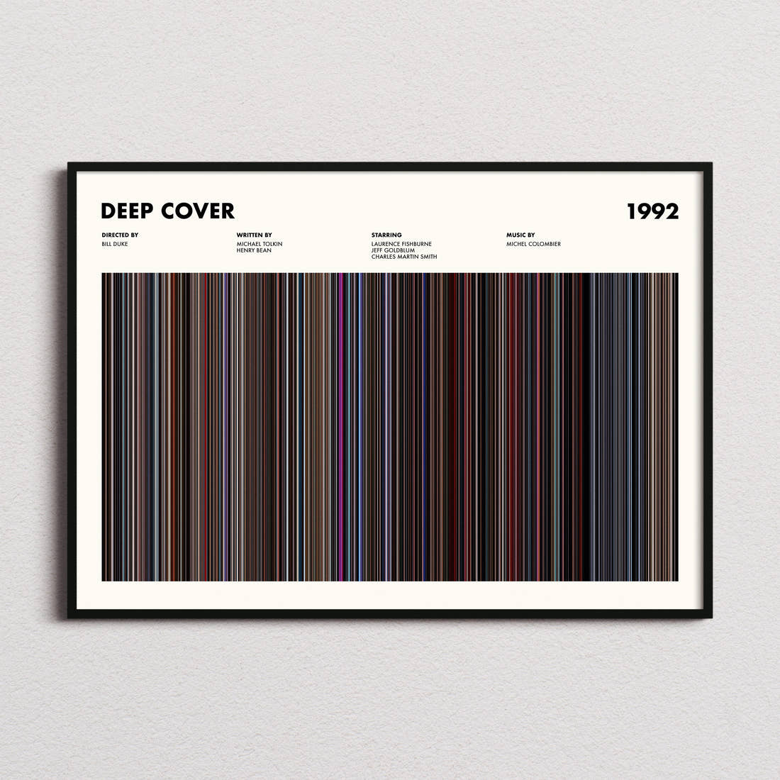 Deep Cover Movie Barcode Poster framed and photographed straight on