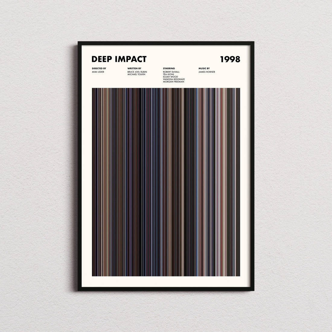 Deep Impact Movie Barcode Poster framed on a plain studio wall