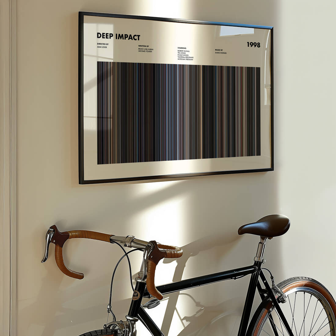 Deep Impact Movie Barcode Poster framed on the wall of a styled room setting