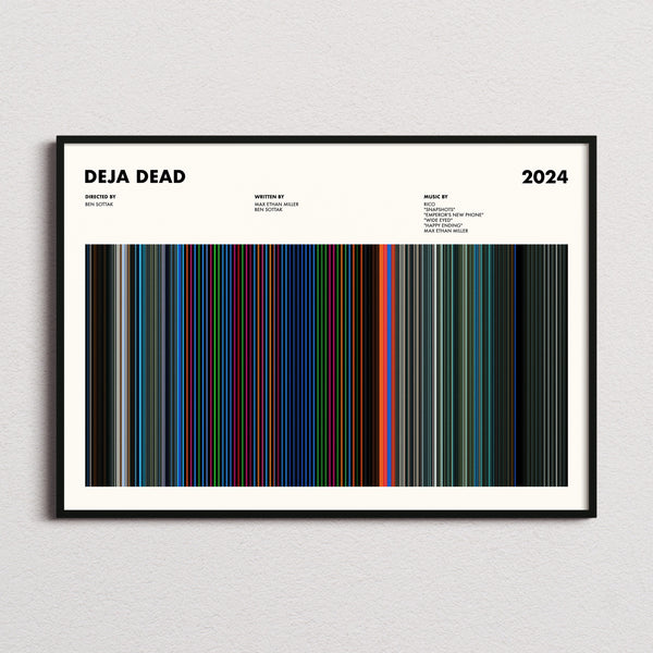 Deja Dead Movie Barcode Poster framed and photographed straight on