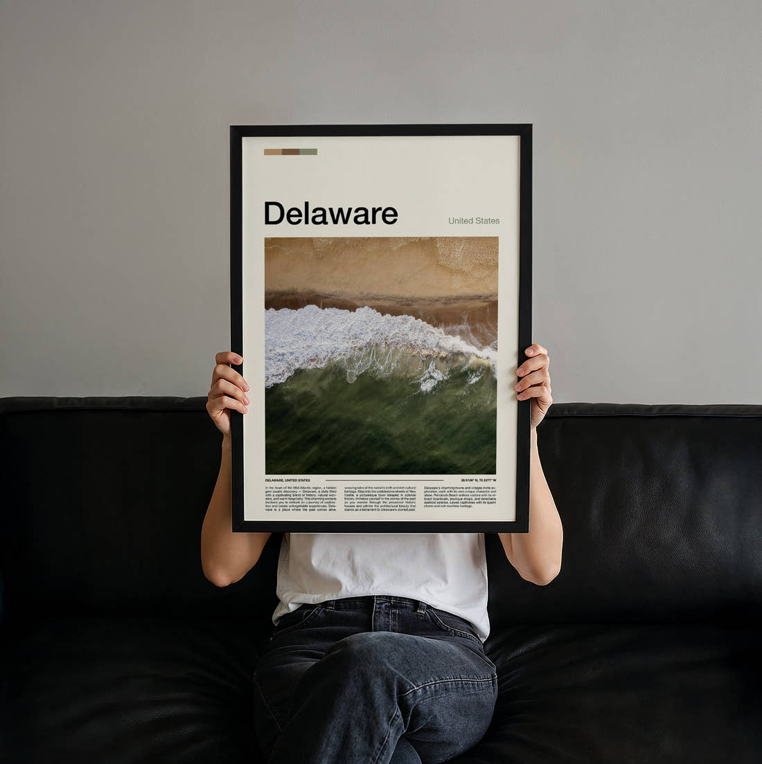 Delaware Breaking Wave From Above Travel Print held up by hand to show the size of the print