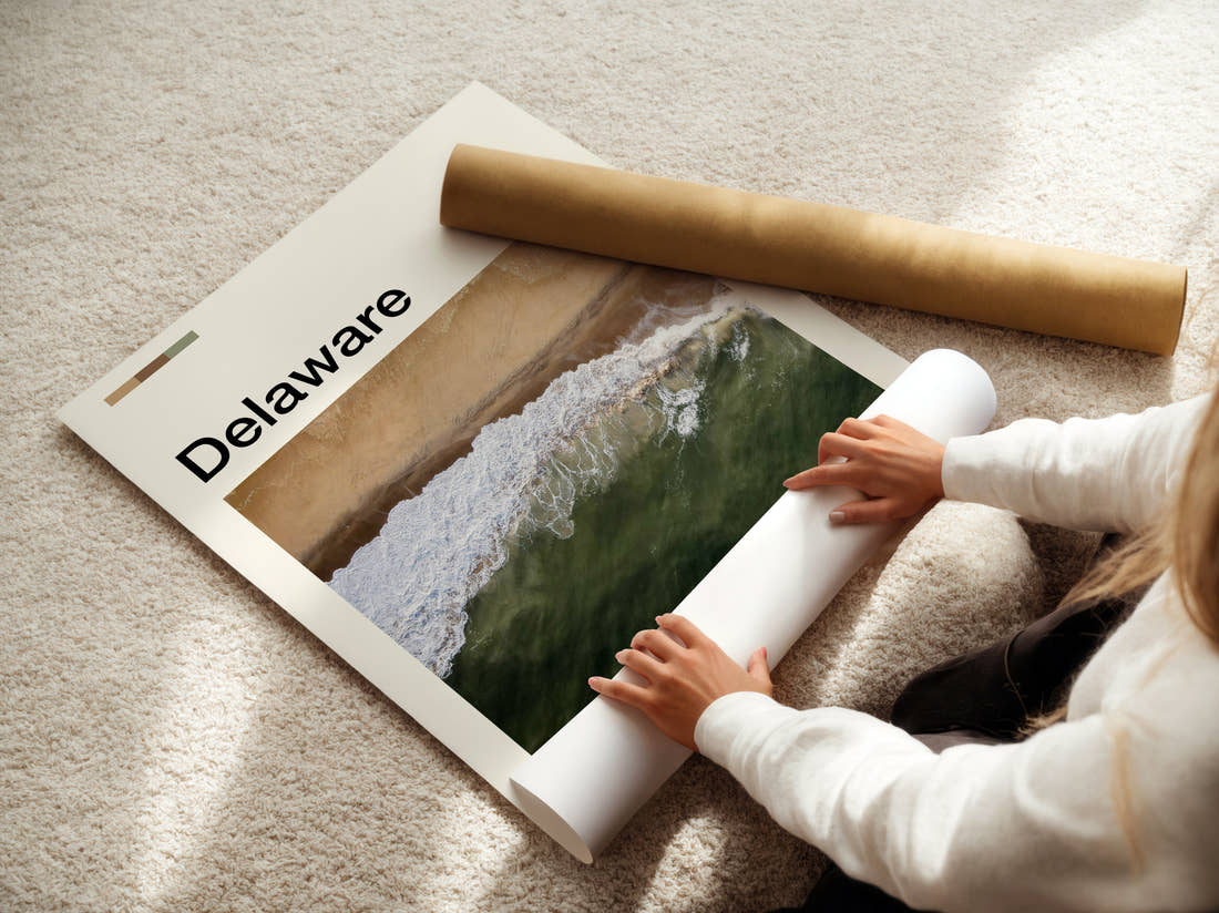 Delaware Breaking Wave From Above Travel Print being unrolled from its postal tube