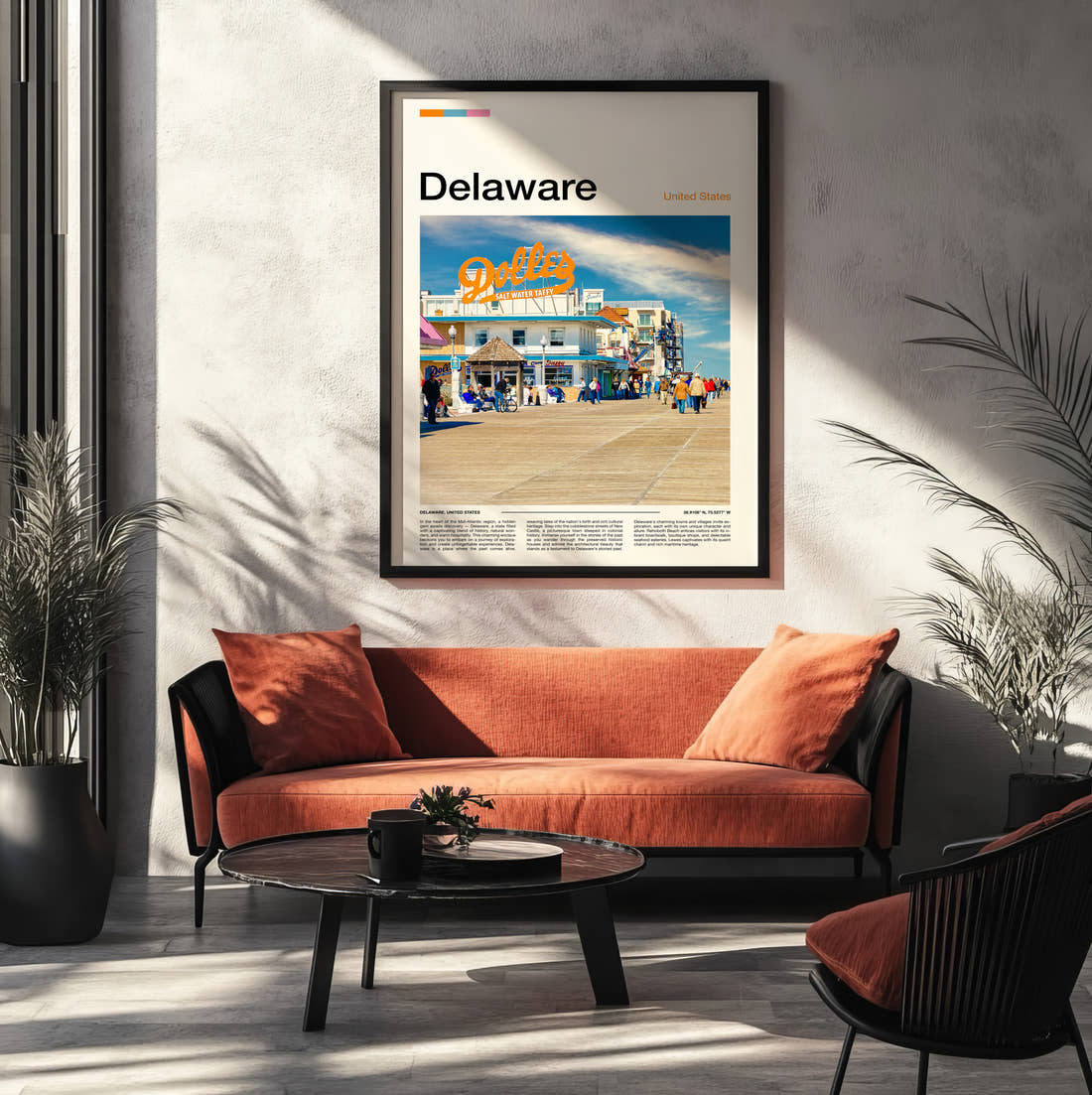 Delaware Seaside Boardwalk Travel Print framed on the wall of a modern living room