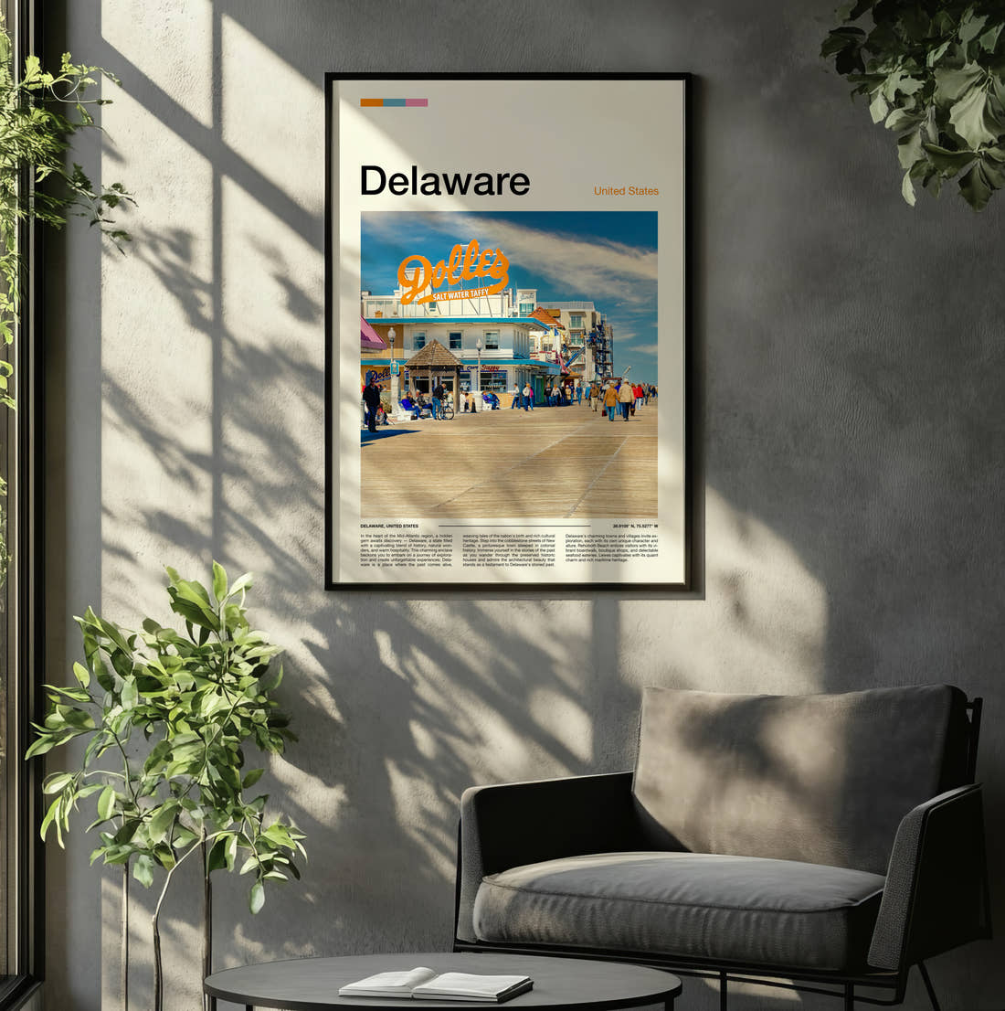 Delaware Seaside Boardwalk Travel Print framed on the wall of a relaxed living room
