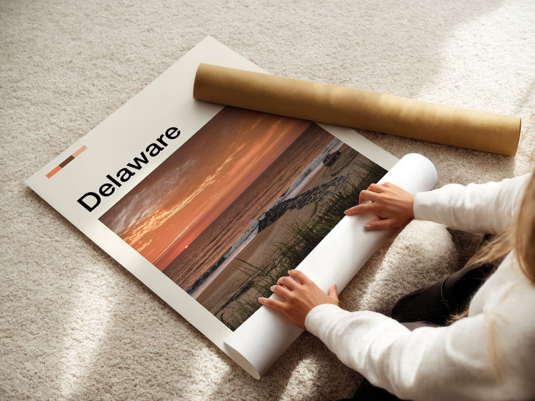 Delaware Sunset Over The Beach Travel Print being unrolled from its postal tube
