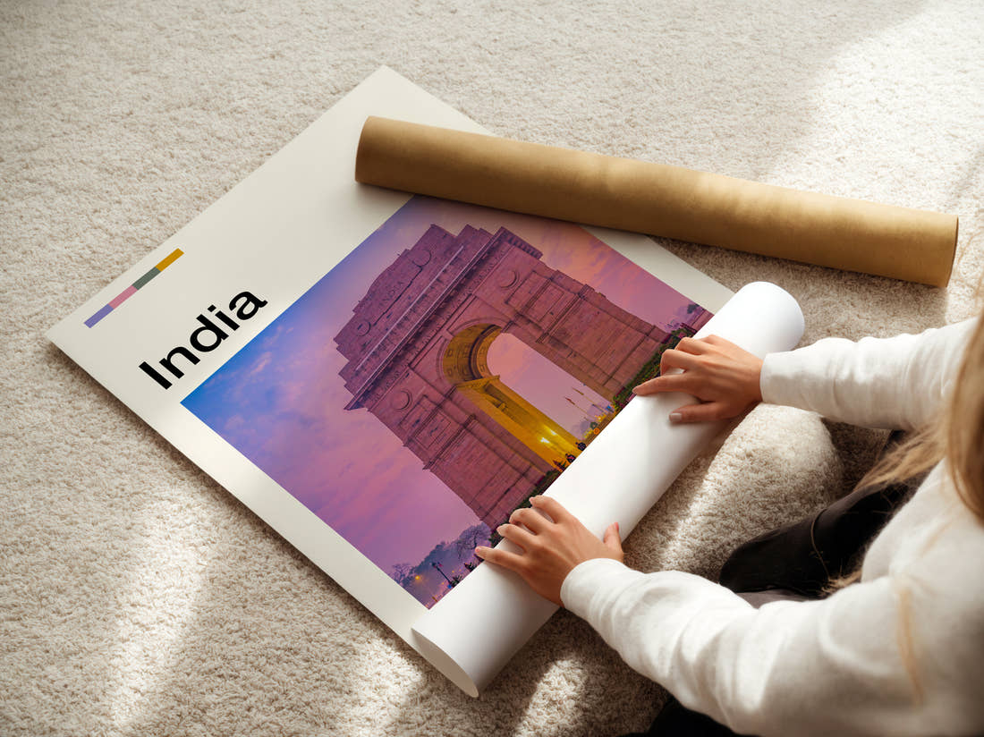 Delhi India Gate Travel Print being unrolled from its postal tube