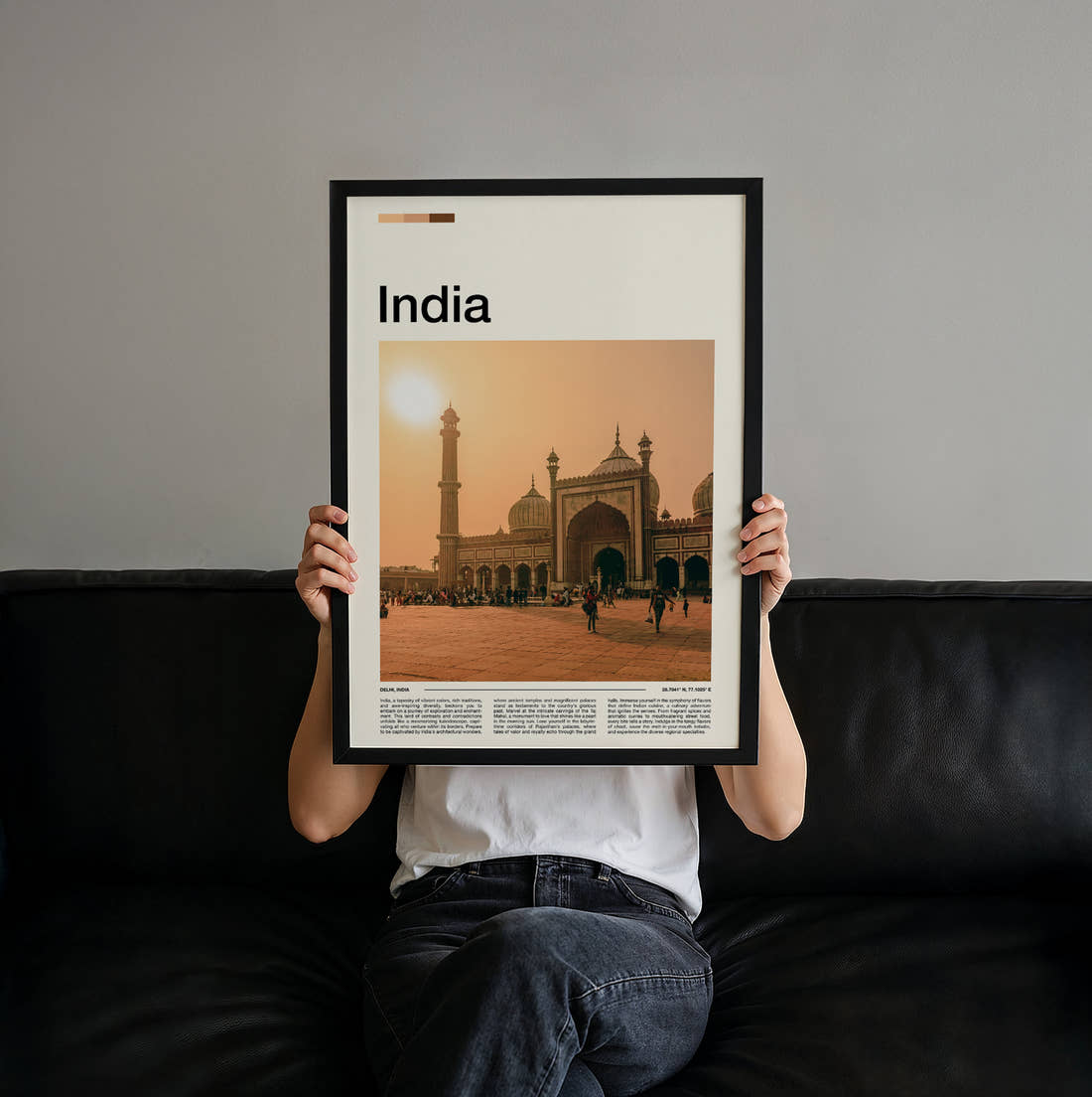 Delhi Jama Masjid Travel Print held up by hand to show the size of the print