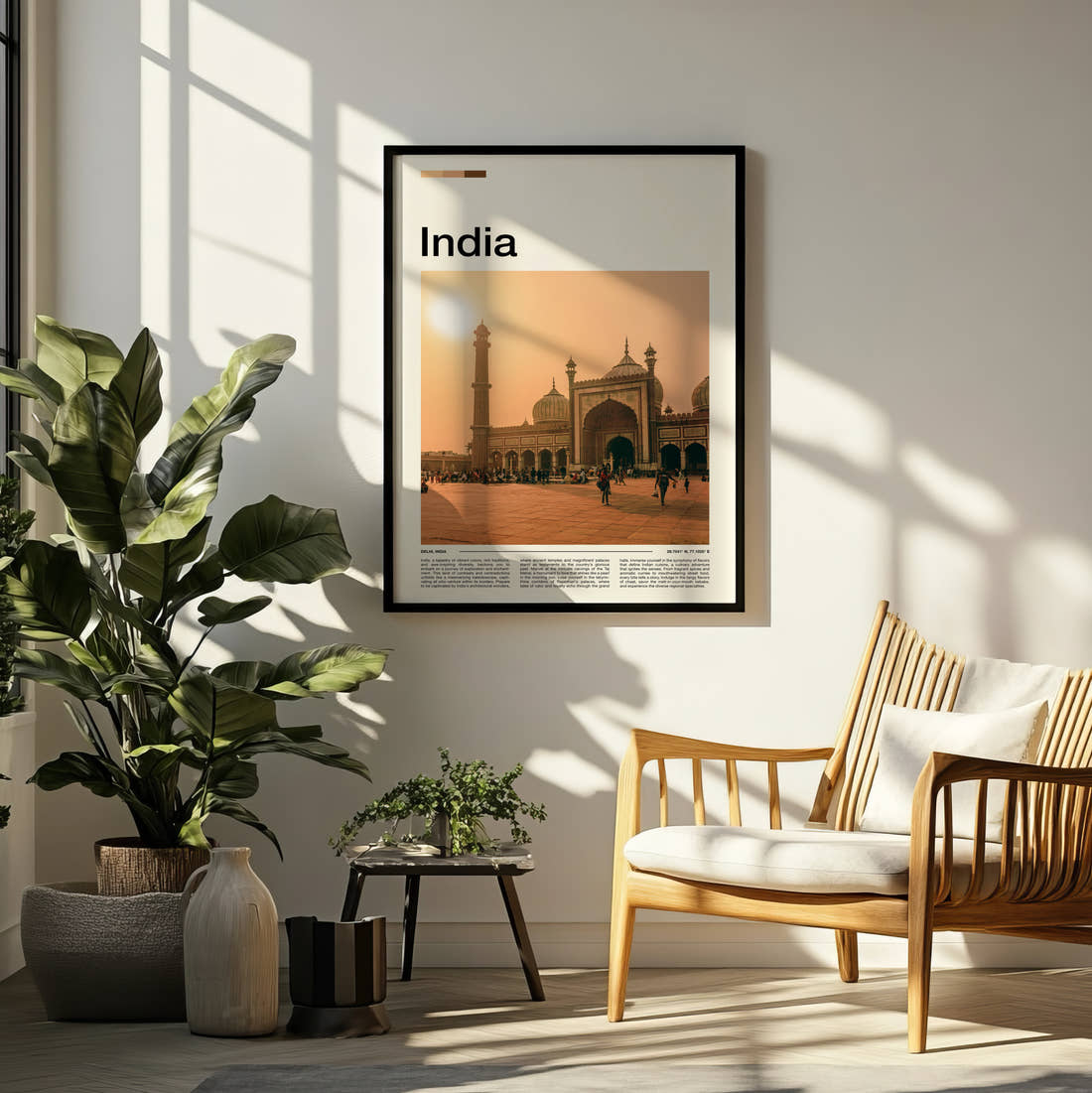 Delhi Jama Masjid Travel Print framed on a pale wall beside houseplants