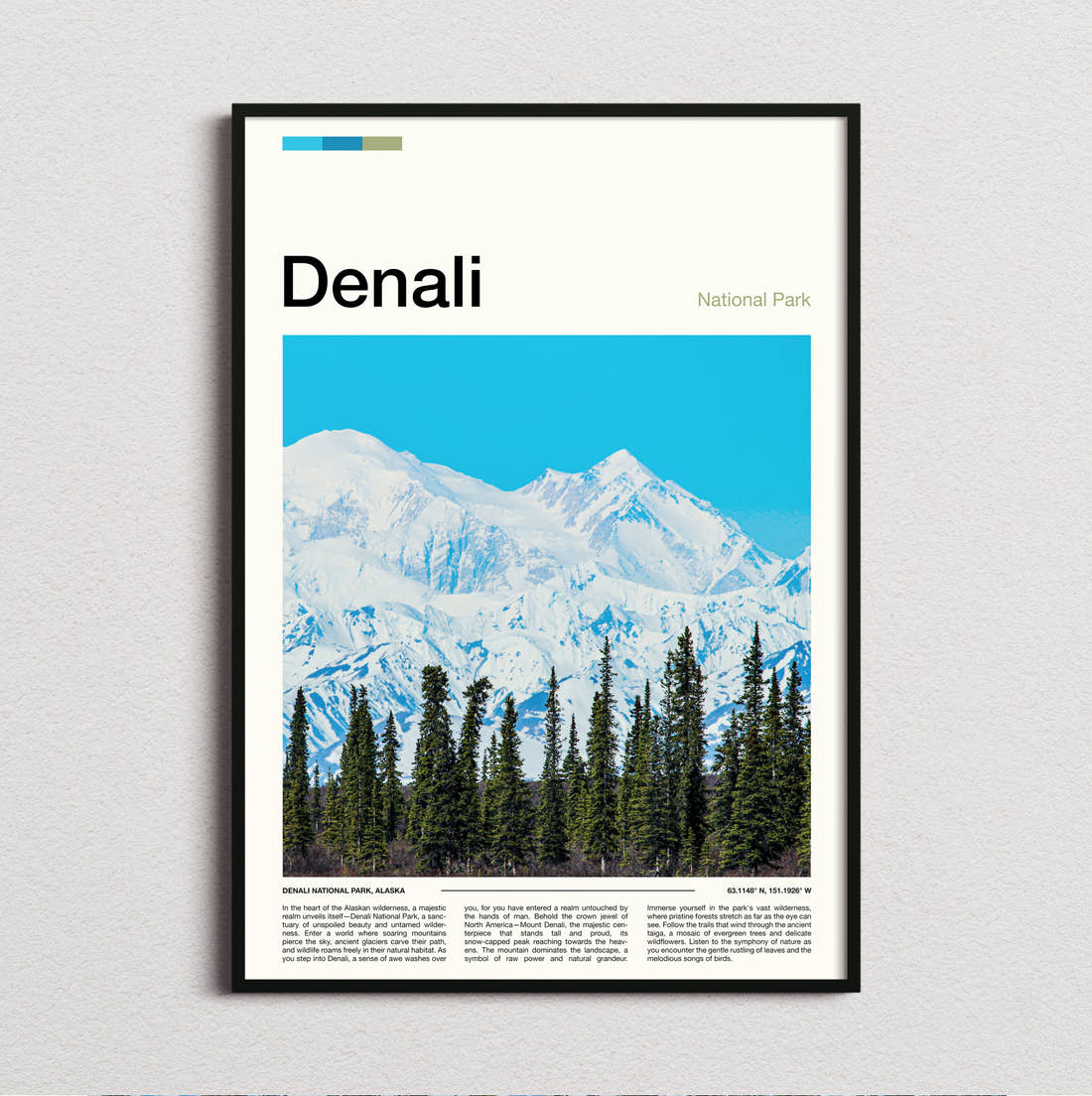 Denali Snowy Peak Behind Spruces Travel Print framed and photographed straight on