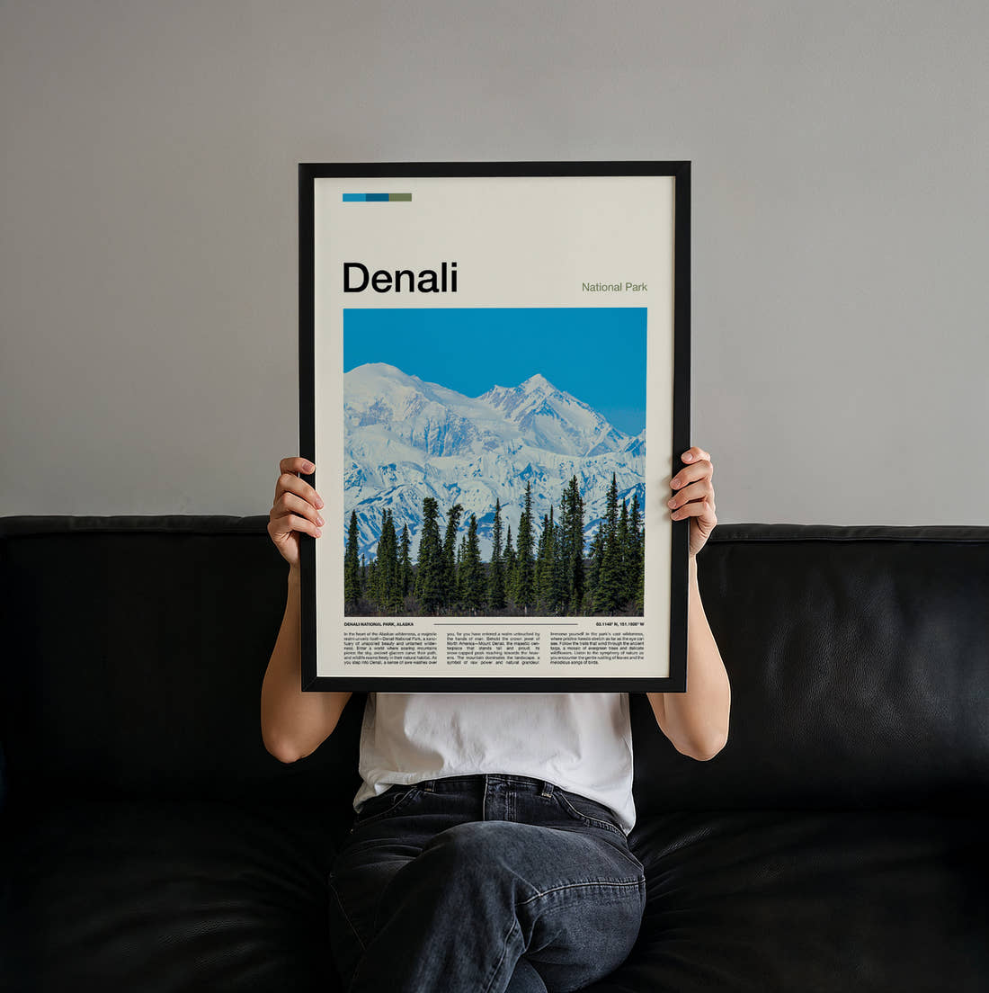 Denali Snowy Peak Behind Spruces Travel Print held up by hand to show the size of the print