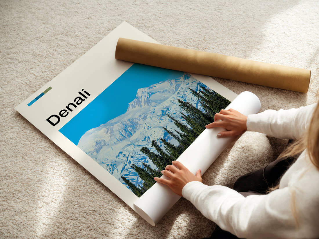 Denali Snowy Peak Behind Spruces Travel Print being unrolled from its postal tube