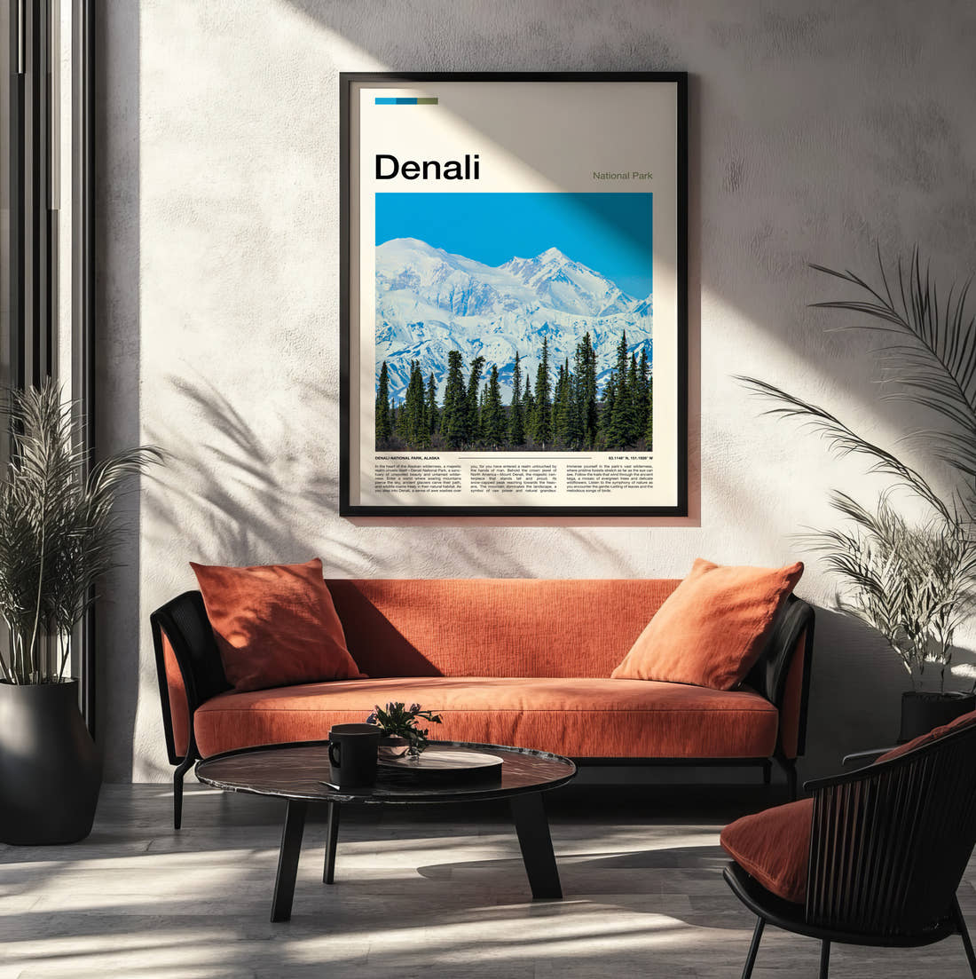 Denali Snowy Peak Behind Spruces Travel Print framed on the wall of a modern living room