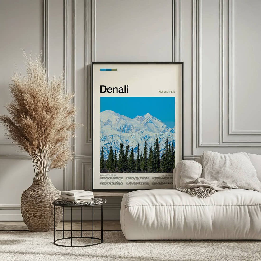 Denali Snowy Peak Behind Spruces Travel Print framed on the wall of a calm, neutral bedroom