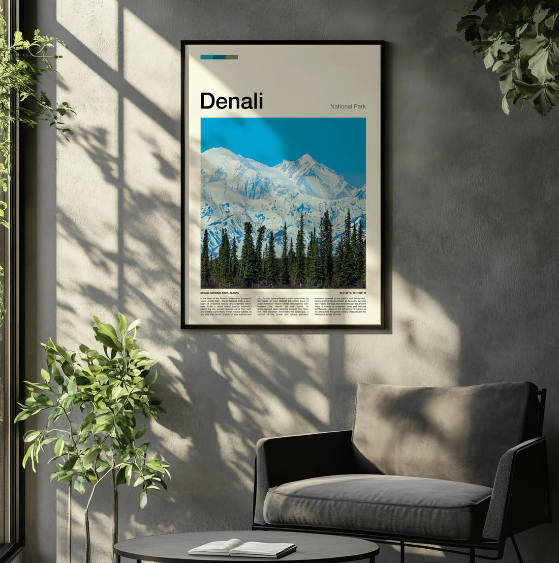 Denali Snowy Peak Behind Spruces Travel Print framed on the wall of a relaxed living room