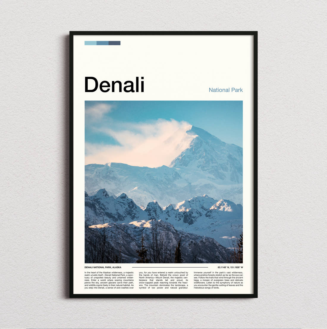 Denali Snowy Mountain Range Travel Print framed and photographed straight on