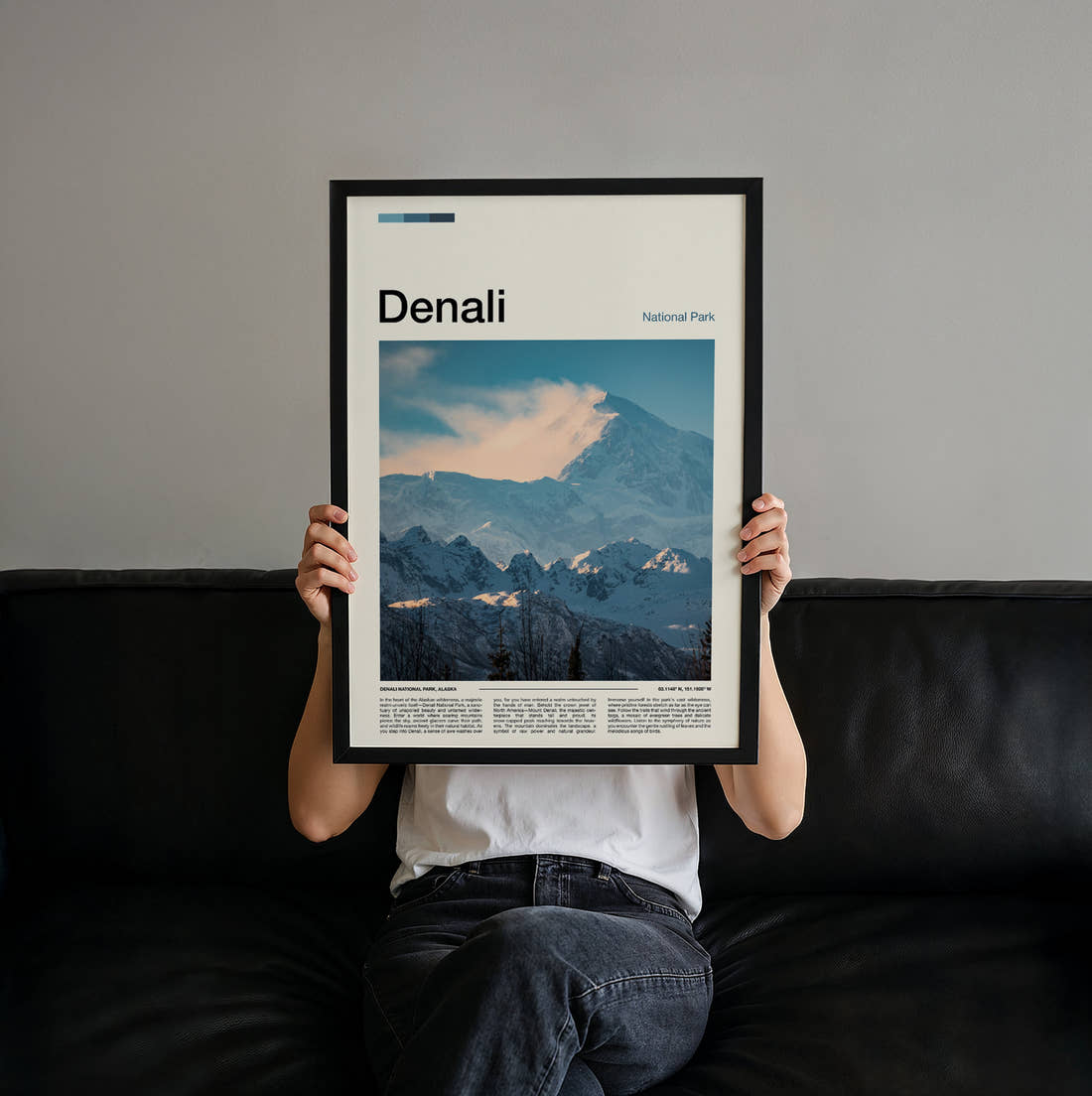 Denali Snowy Mountain Range Travel Print held up by hand to show the size of the print