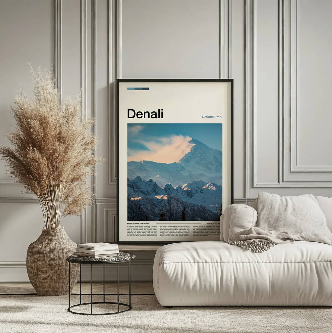 Denali Snowy Mountain Range Travel Print framed on the wall of a calm, neutral bedroom