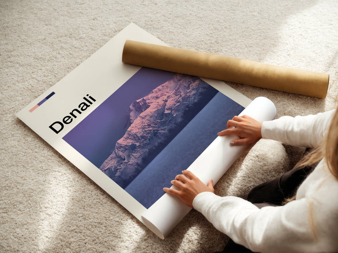 Denali Purple Mountain At Dusk Travel Print being unrolled from its postal tube