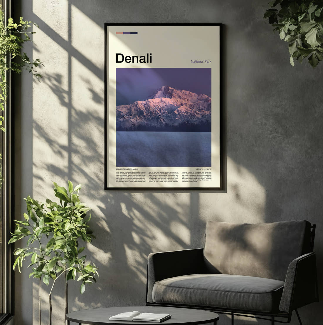 Denali Purple Mountain At Dusk Travel Print framed on the wall of a relaxed living room