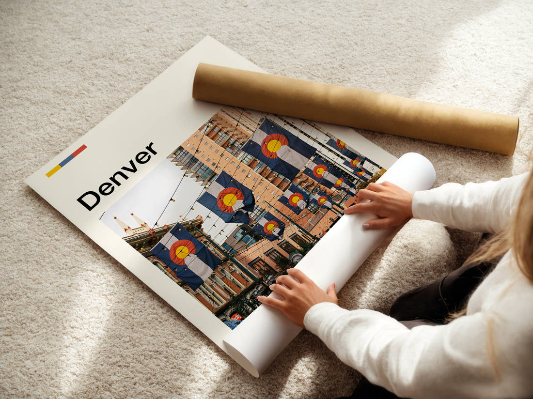 Denver Colorado Flag Banners Travel Print being unrolled from its postal tube