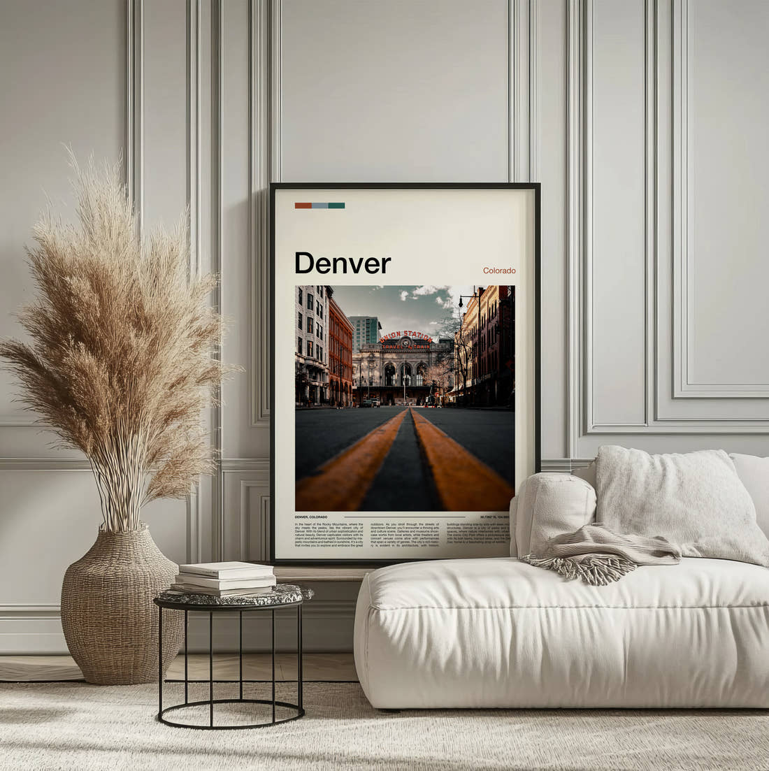 Denver Union Station Travel Print framed on the wall of a calm, neutral bedroom
