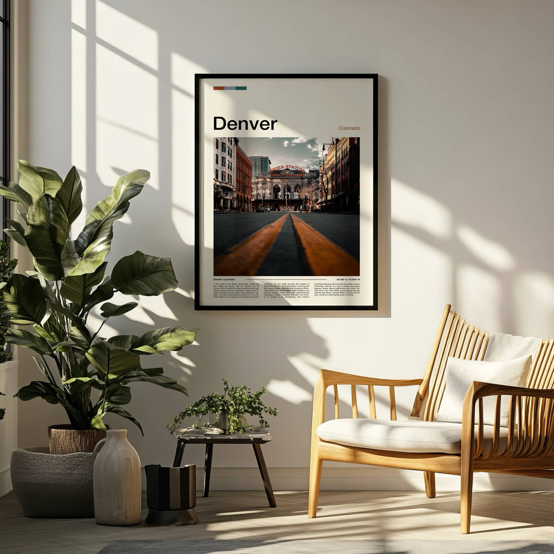 Denver Union Station Travel Print framed on a pale wall beside houseplants