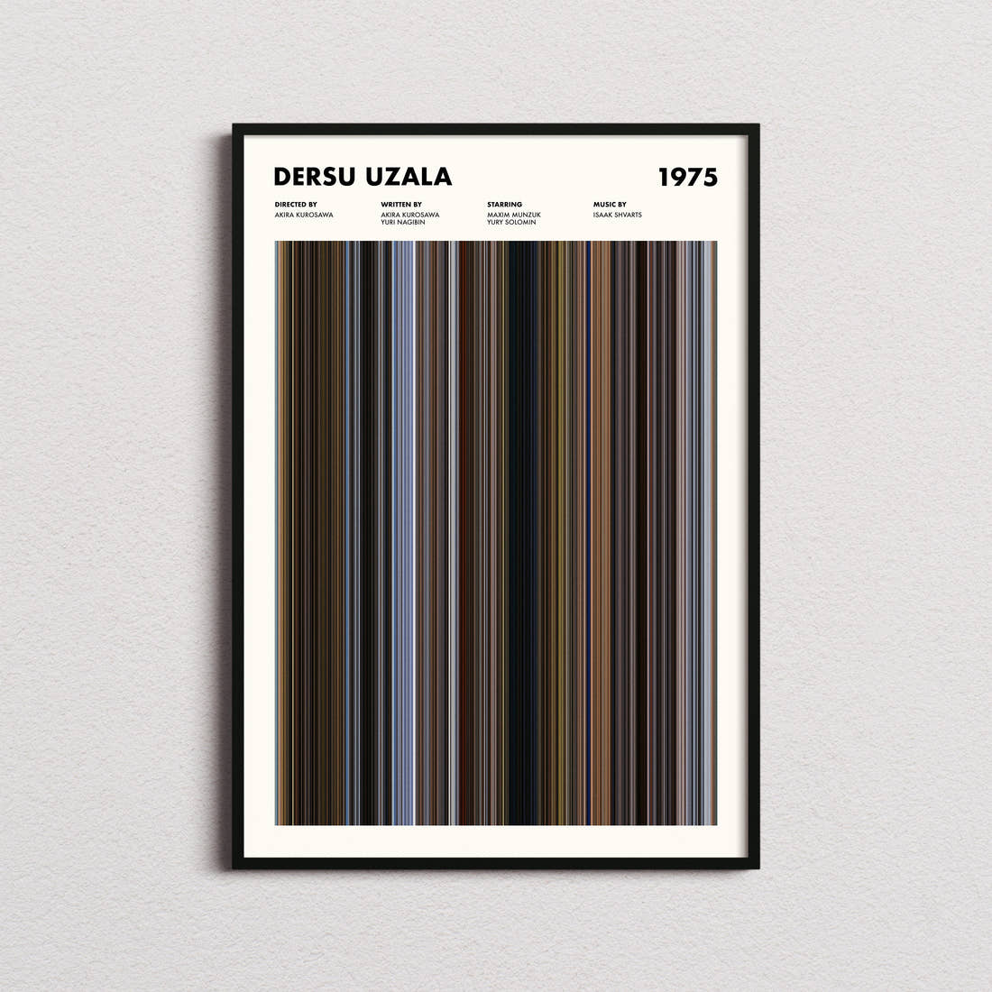 Dersu Uzala Movie Barcode Poster framed on a plain studio wall