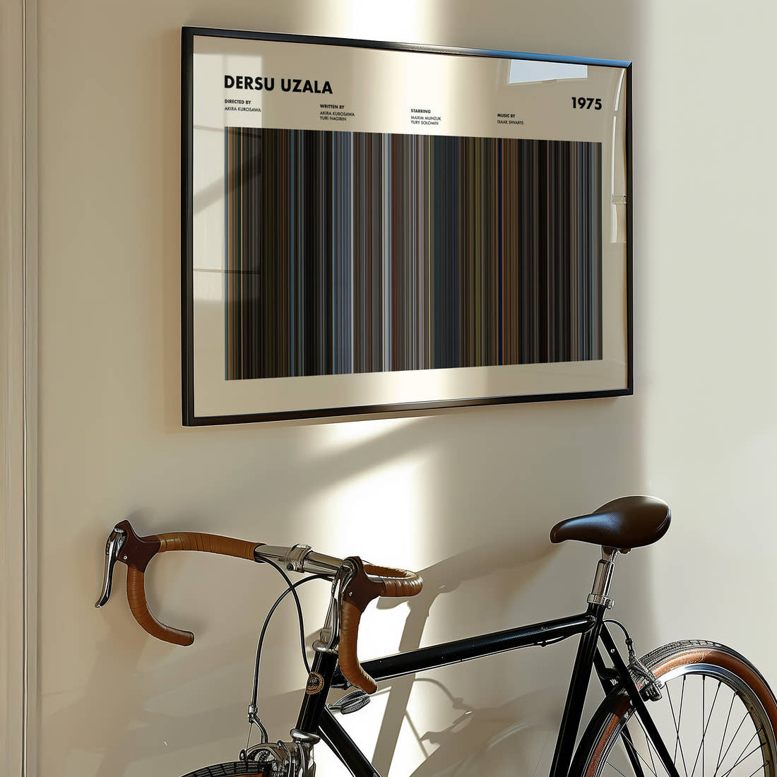 Dersu Uzala Movie Barcode Poster framed on the wall of a styled room setting