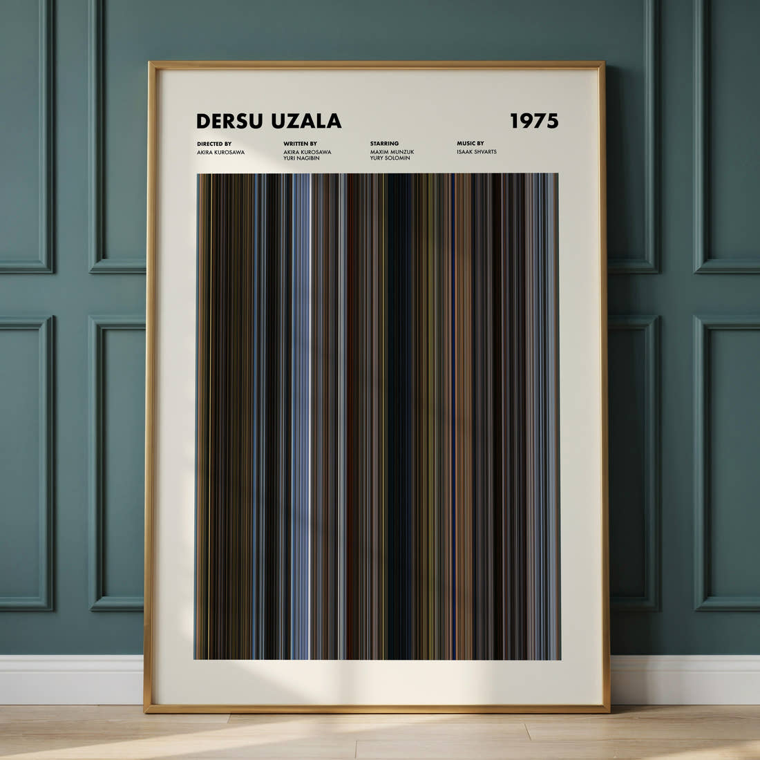 Dersu Uzala Movie Barcode Poster framed and leaning against a panelled wall