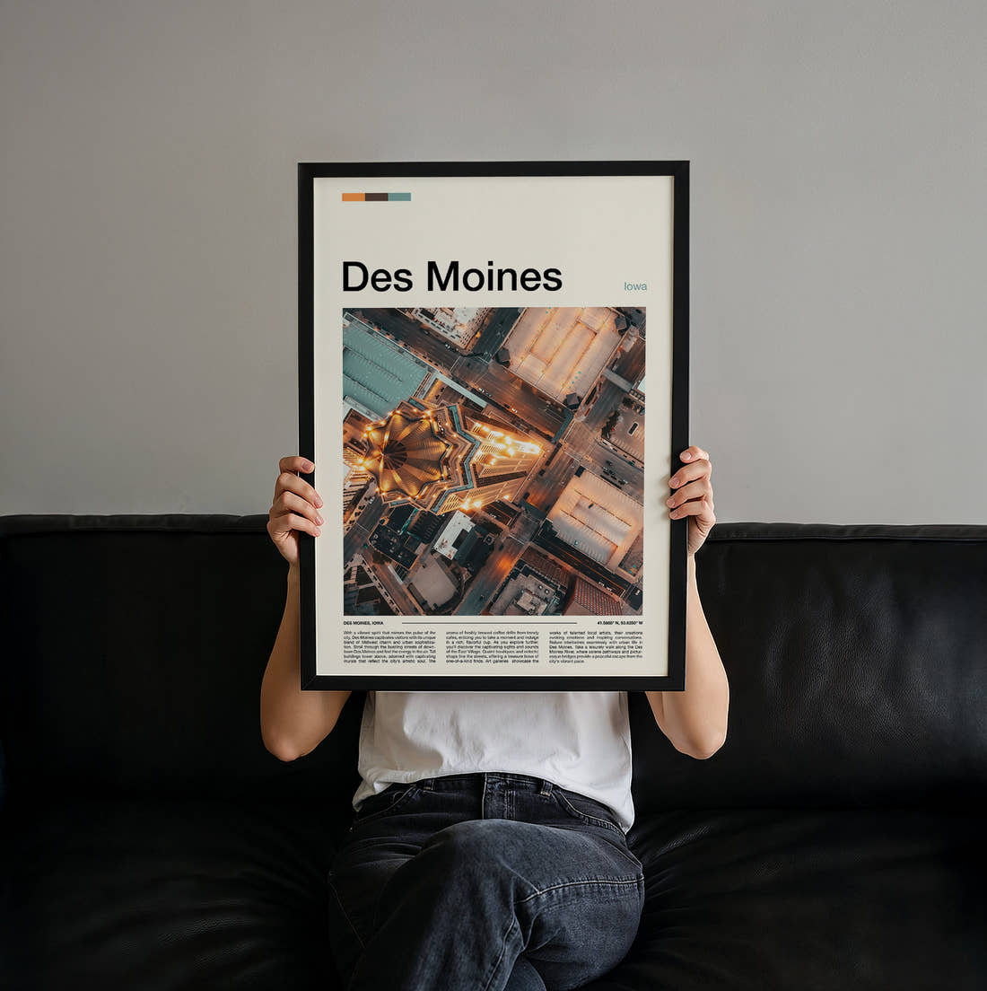 Des Moines Domed Building From Above Travel Print held up by hand to show the size of the print