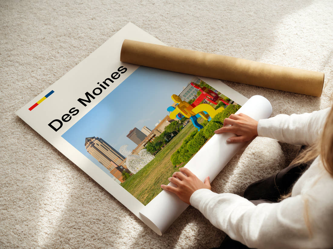 Des Moines Colourful Sculpture Travel Print being unrolled from its postal tube